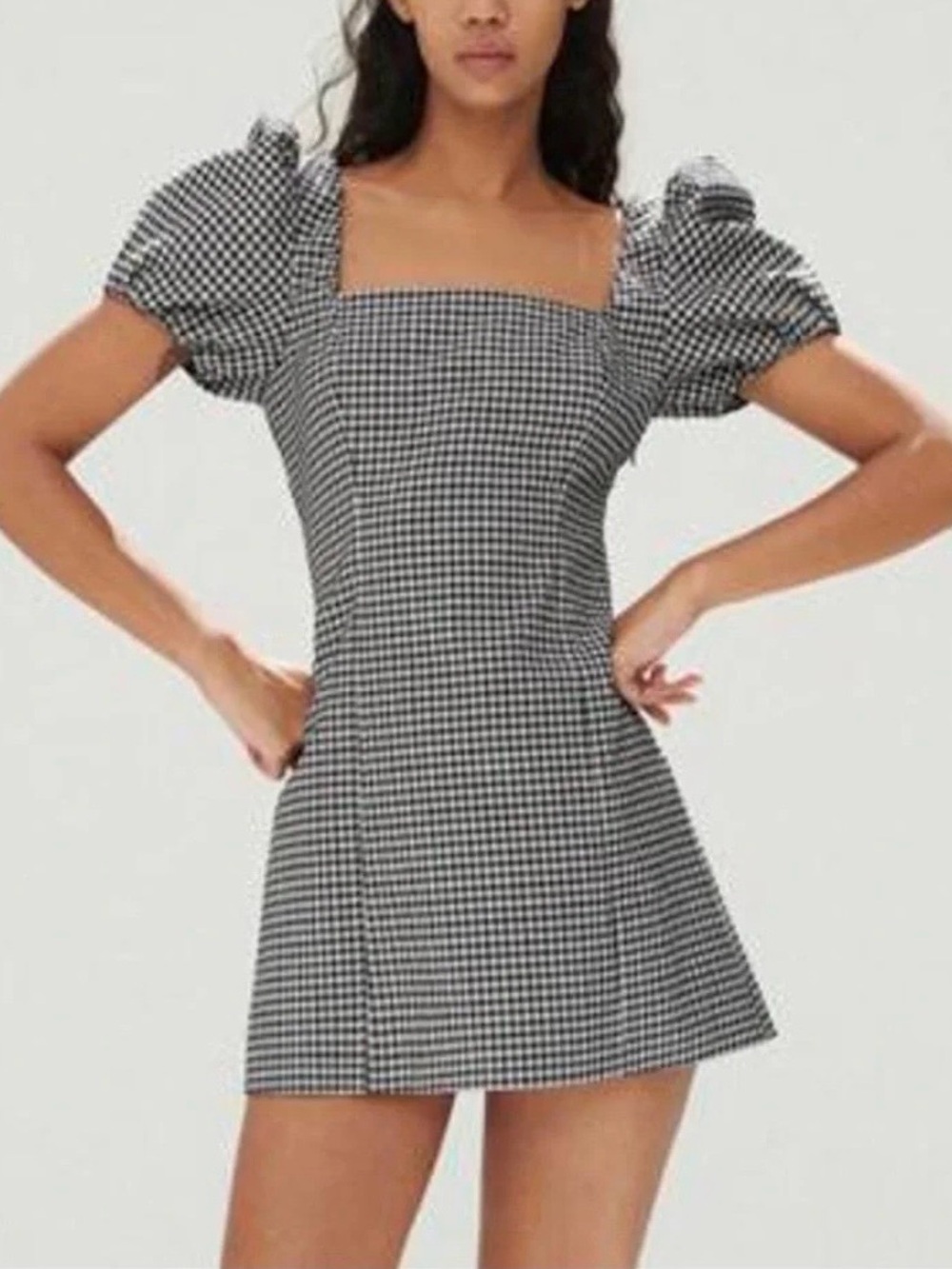 Zara XS Gingham Black and White Puff Sleeve Lace-Up Back Mini Dress